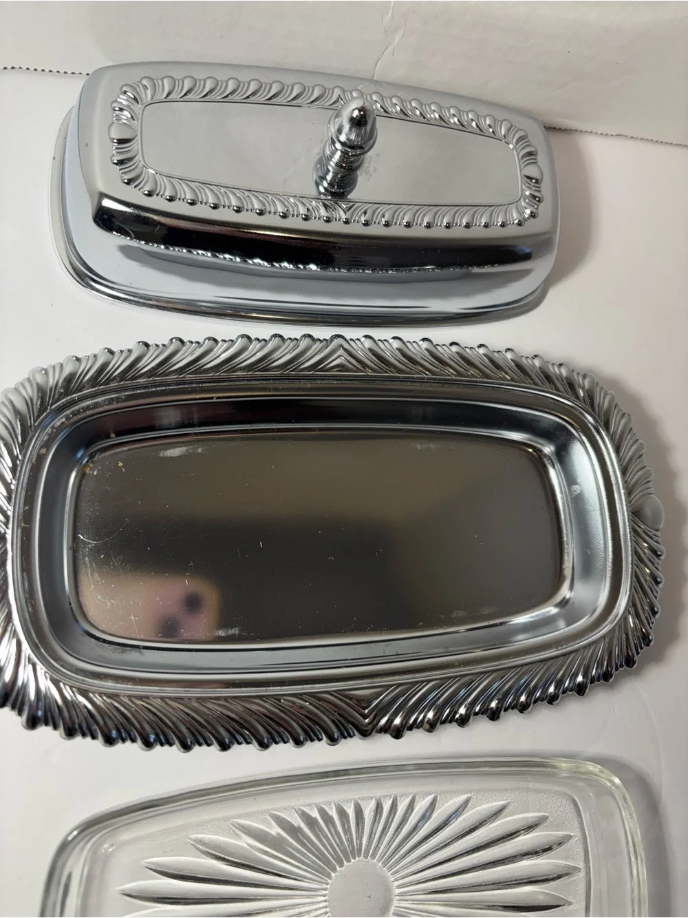 Butter Dish Glass Insert VTG Chromeplated Decorative Finial Lid